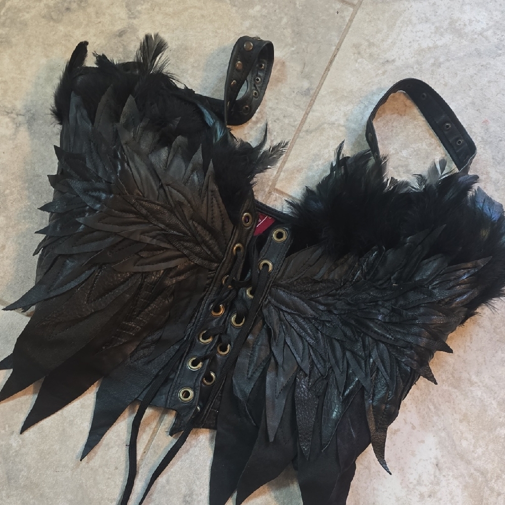 Toxic Vision Black Feather Leather Bustier